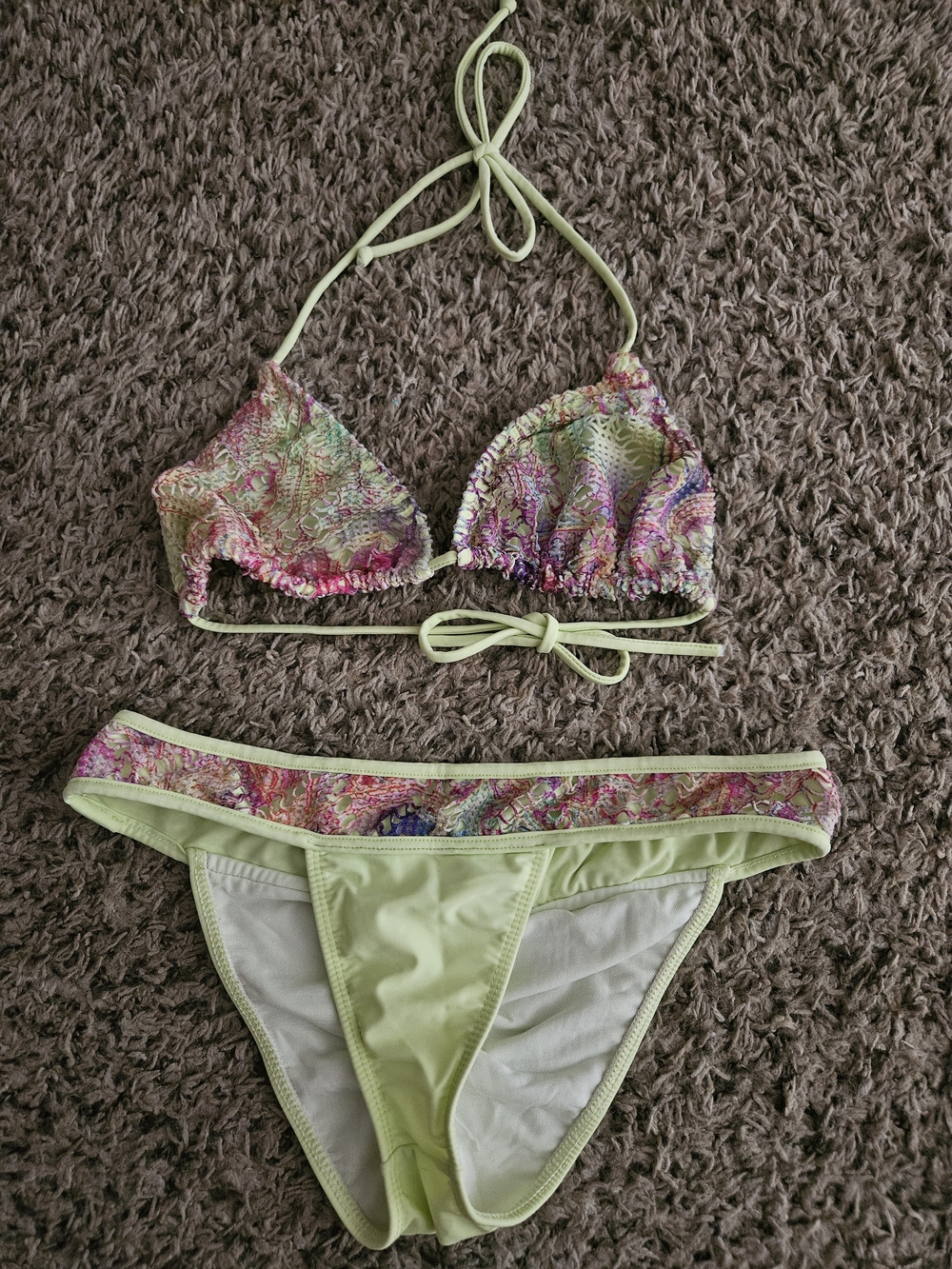 Multicolor Floral Triangle Bikini Set with Light Green Trim